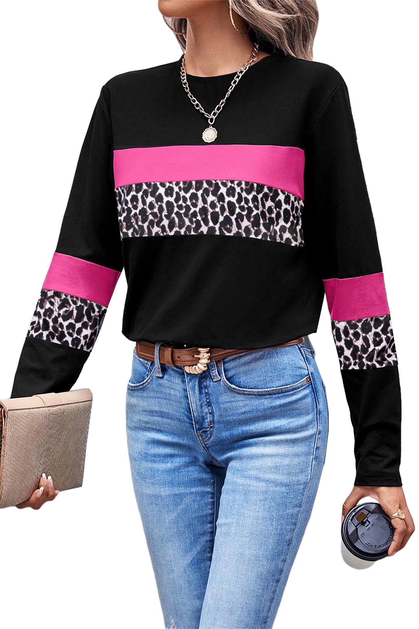 White Leopard Colorblock Patchwork Crew Neck Top