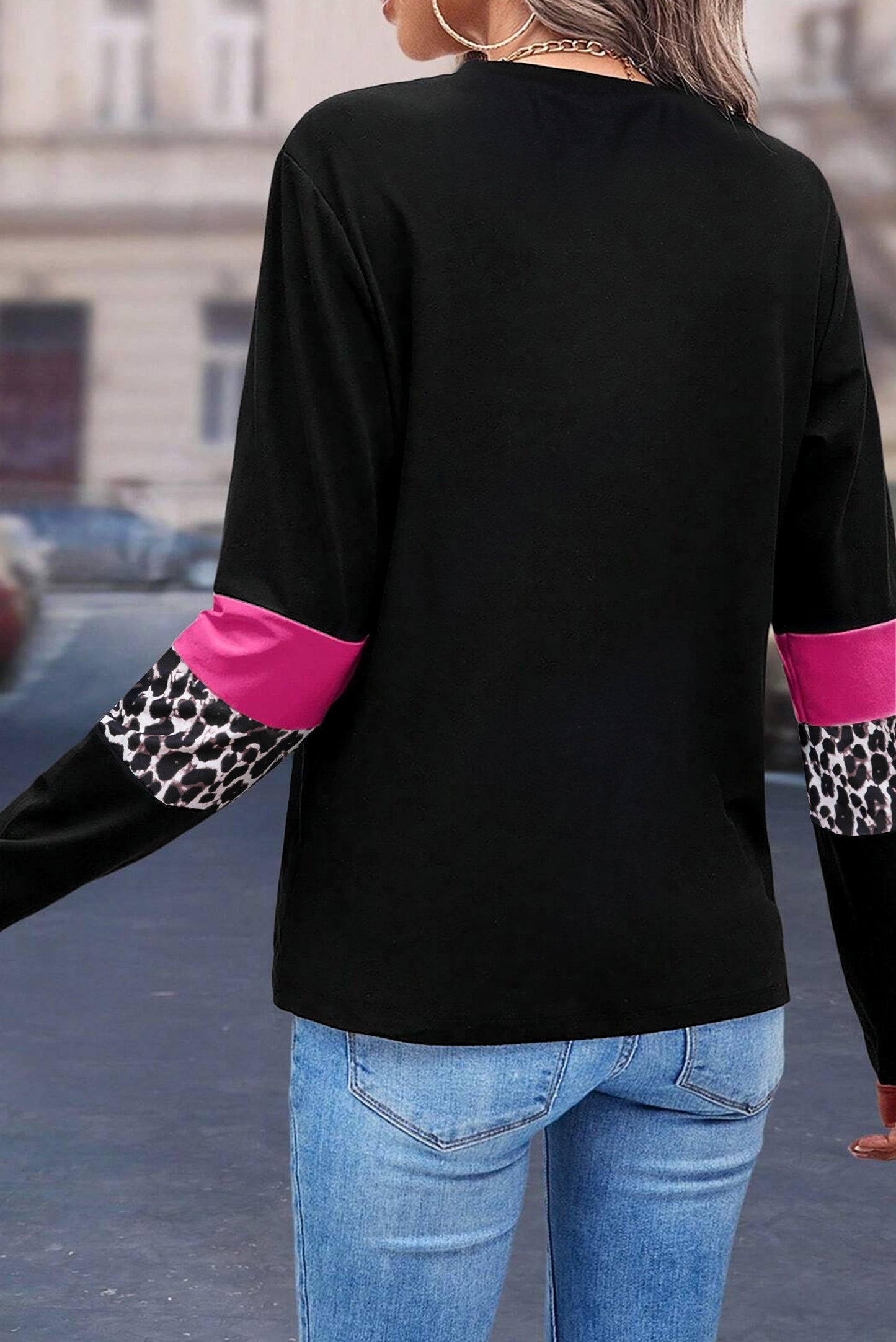 White Leopard Colorblock Patchwork Crew Neck Top