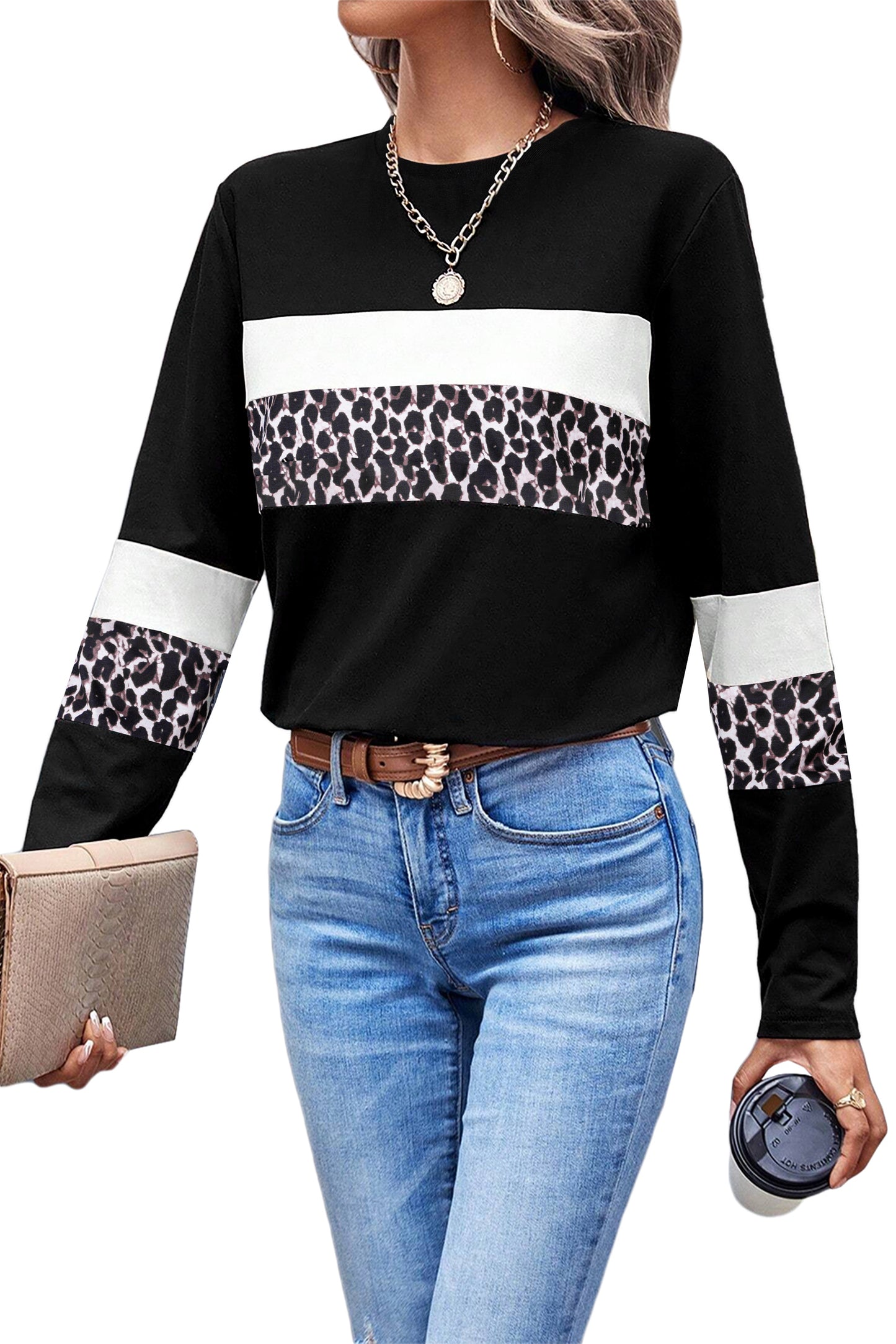 White Leopard Colorblock Patchwork Crew Neck Top