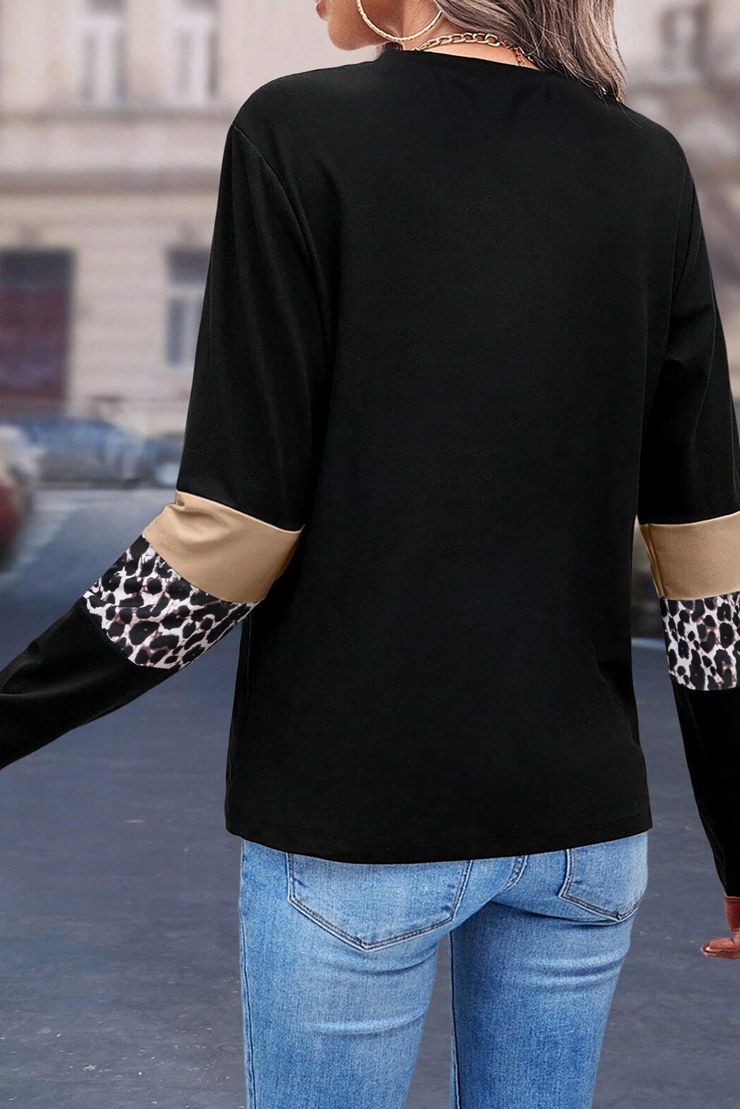 White Leopard Colorblock Patchwork Crew Neck Top