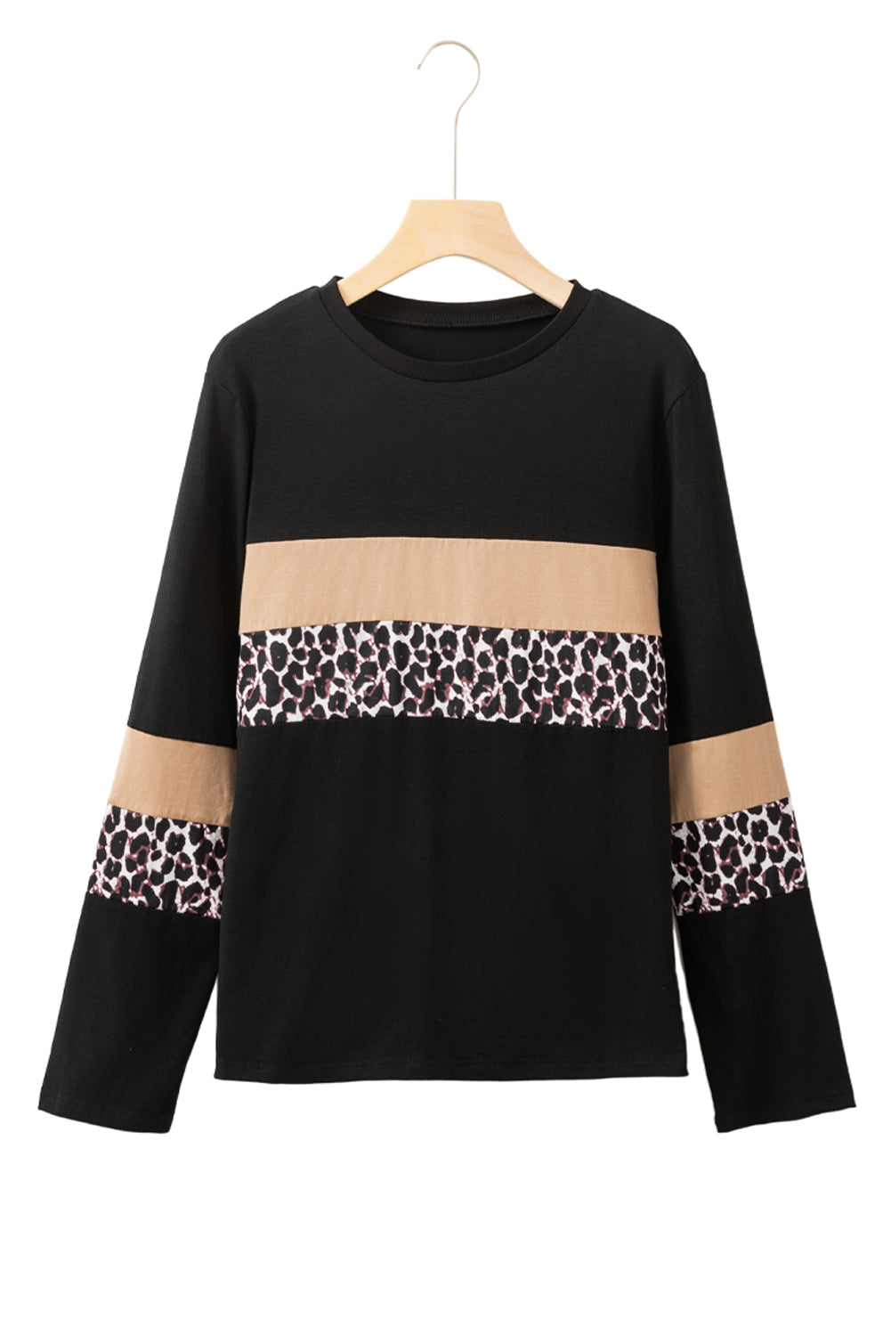 White Leopard Colorblock Patchwork Crew Neck Top