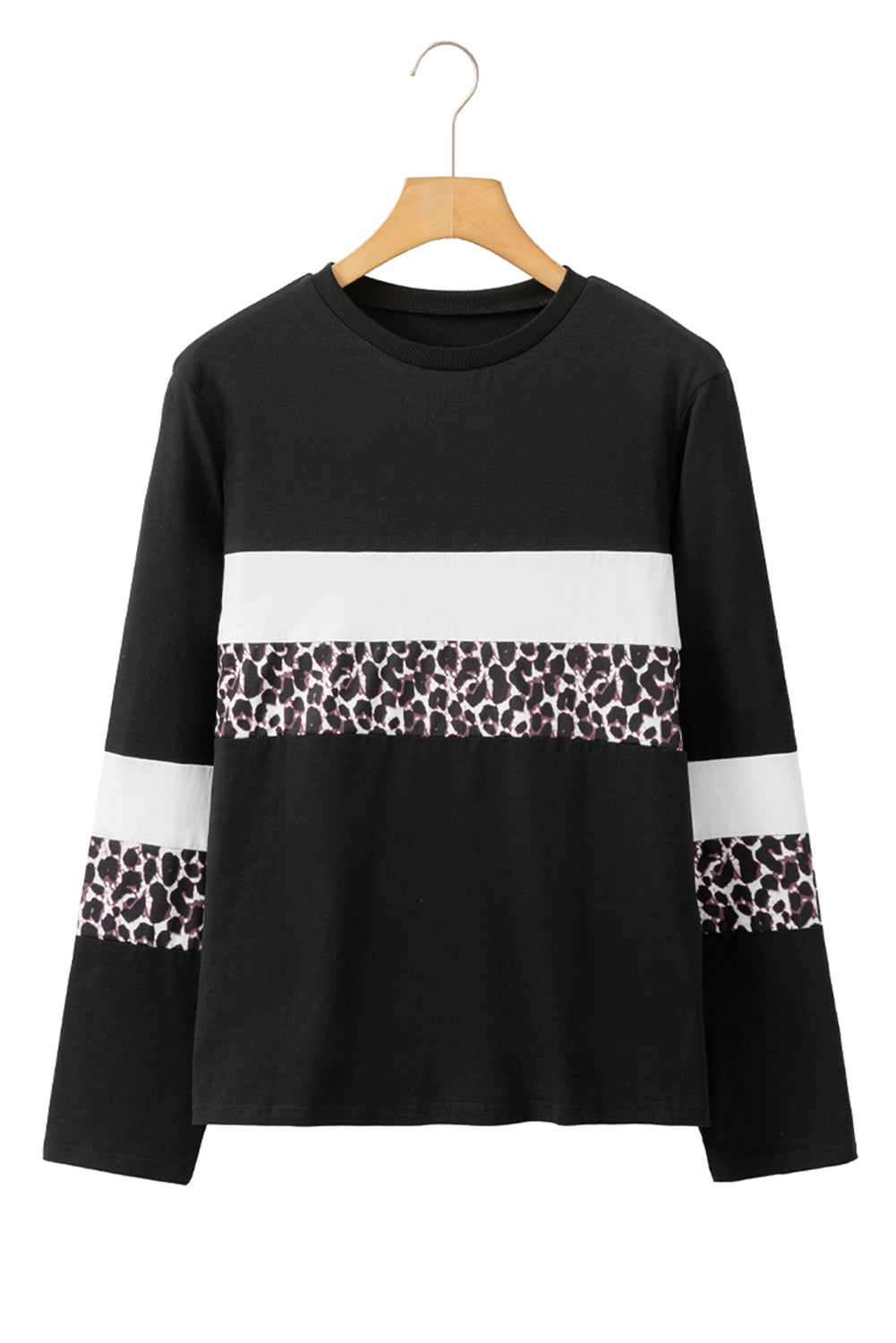 White Leopard Colorblock Patchwork Crew Neck Top