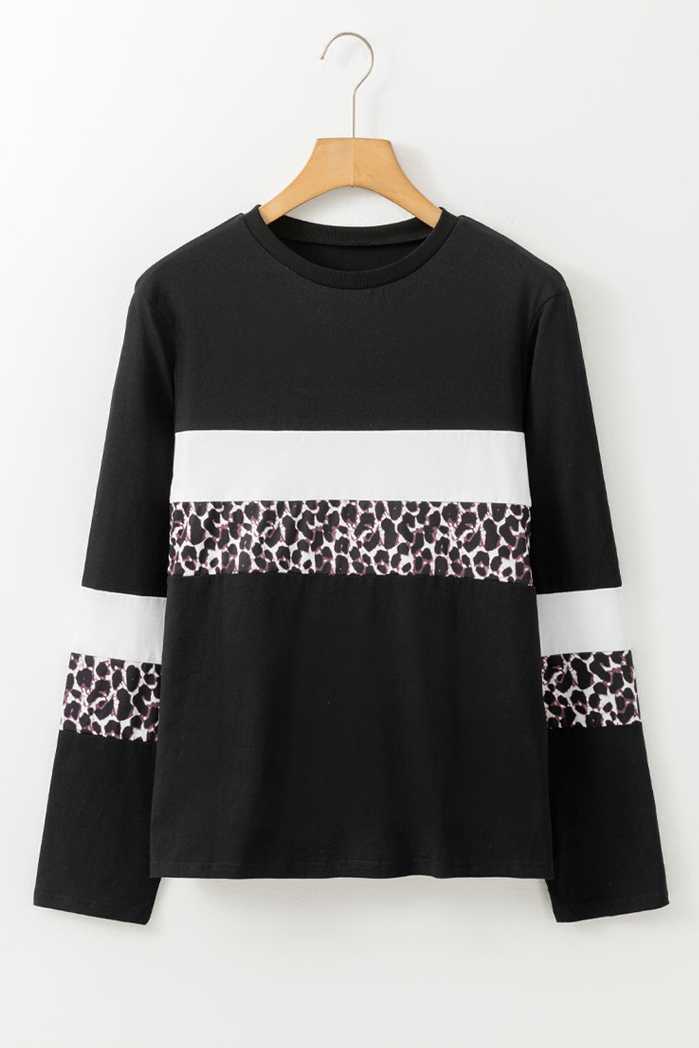 White Leopard Colorblock Patchwork Crew Neck Top