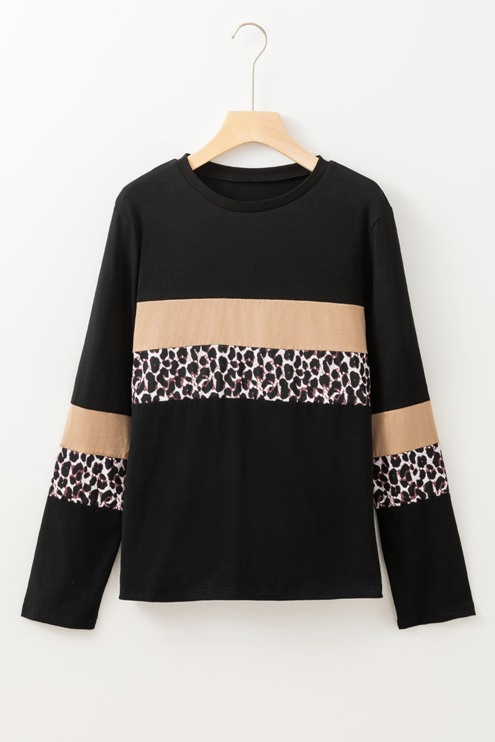 White Leopard Colorblock Patchwork Crew Neck Top
