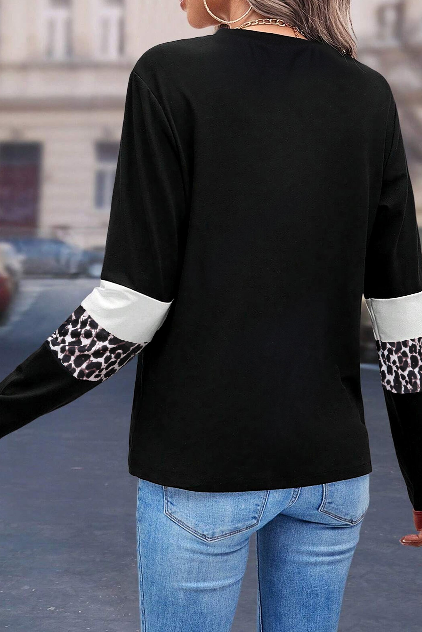 White Leopard Colorblock Patchwork Crew Neck Top