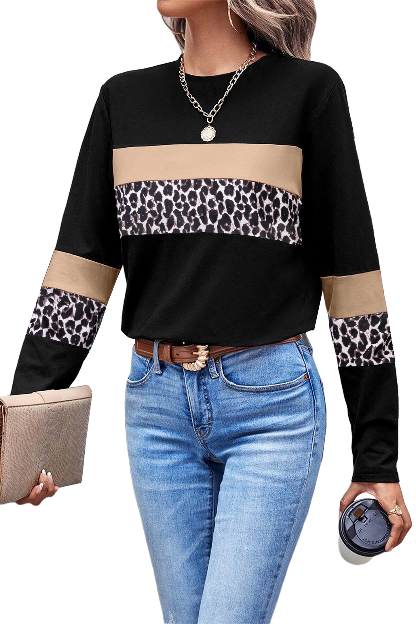 White Leopard Colorblock Patchwork Crew Neck Top